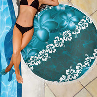 Vintage Dark Cyan Polynesia Beach Blanket Plumeria With Hibiscus Tropical Vibes