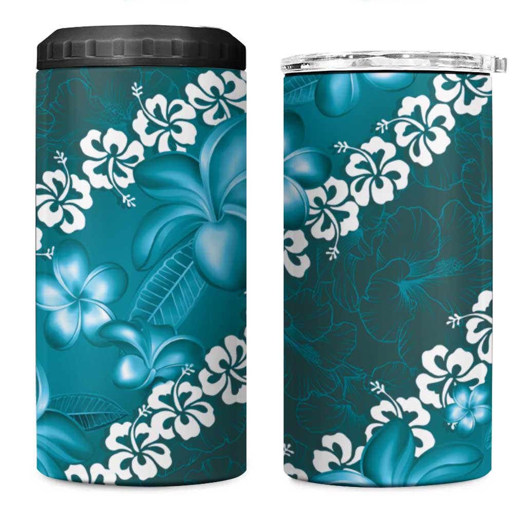 Vintage Dark Cyan Polynesia 4 in 1 Can Cooler Tumbler Plumeria With Hibiscus Tropical Vibes LT14 One Size: 16 oz Dark Cyan - Polynesian Pride