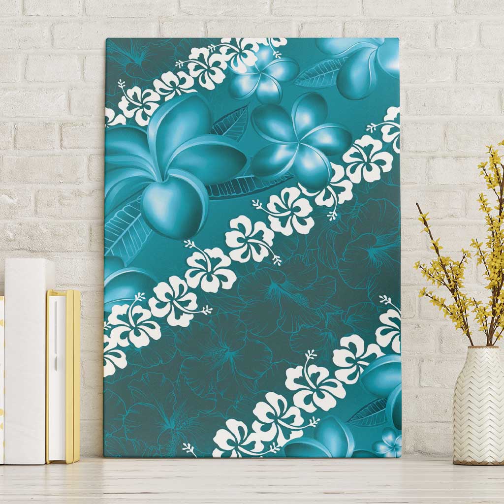 Vintage Dark Cyan Polynesia Canvas Wall Art Plumeria With Hibiscus Tropical Vibes