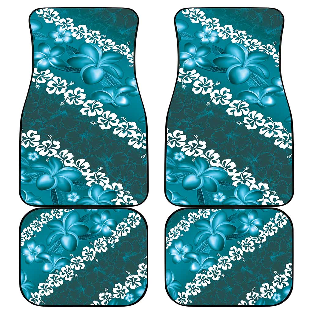 Vintage Dark Cyan Polynesia Car Mats Plumeria With Hibiscus Tropical Vibes