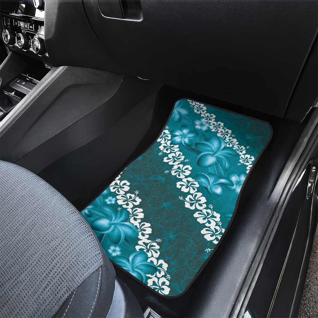 Vintage Dark Cyan Polynesia Car Mats Plumeria With Hibiscus Tropical Vibes