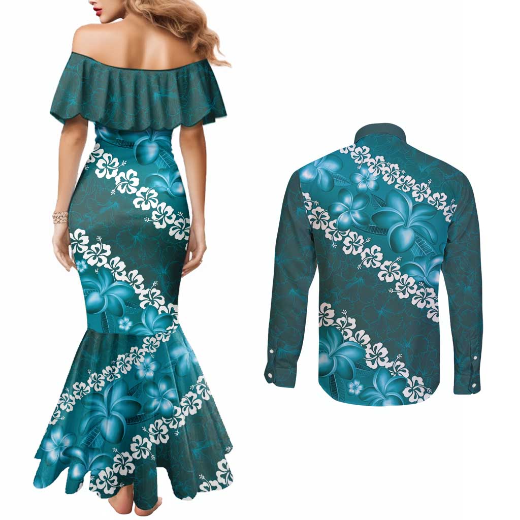 Vintage Dark Cyan Polynesia Couples Matching Mermaid Dress and Long Sleeve Button Shirt Plumeria With Hibiscus Tropical Vibes LT14 - Polynesian Pride