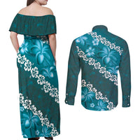 Vintage Dark Cyan Polynesia Couples Matching Off Shoulder Maxi Dress and Long Sleeve Button Shirt Plumeria With Hibiscus Tropical Vibes LT14 - Polynesian Pride