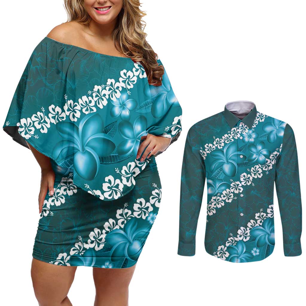 Vintage Dark Cyan Polynesia Couples Matching Off Shoulder Short Dress and Long Sleeve Button Shirt Plumeria With Hibiscus Tropical Vibes LT14 Dark Cyan - Polynesian Pride