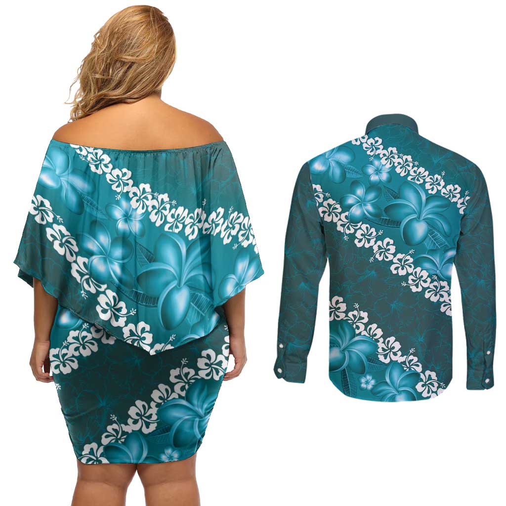 Vintage Dark Cyan Polynesia Couples Matching Off Shoulder Short Dress and Long Sleeve Button Shirt Plumeria With Hibiscus Tropical Vibes LT14 - Polynesian Pride