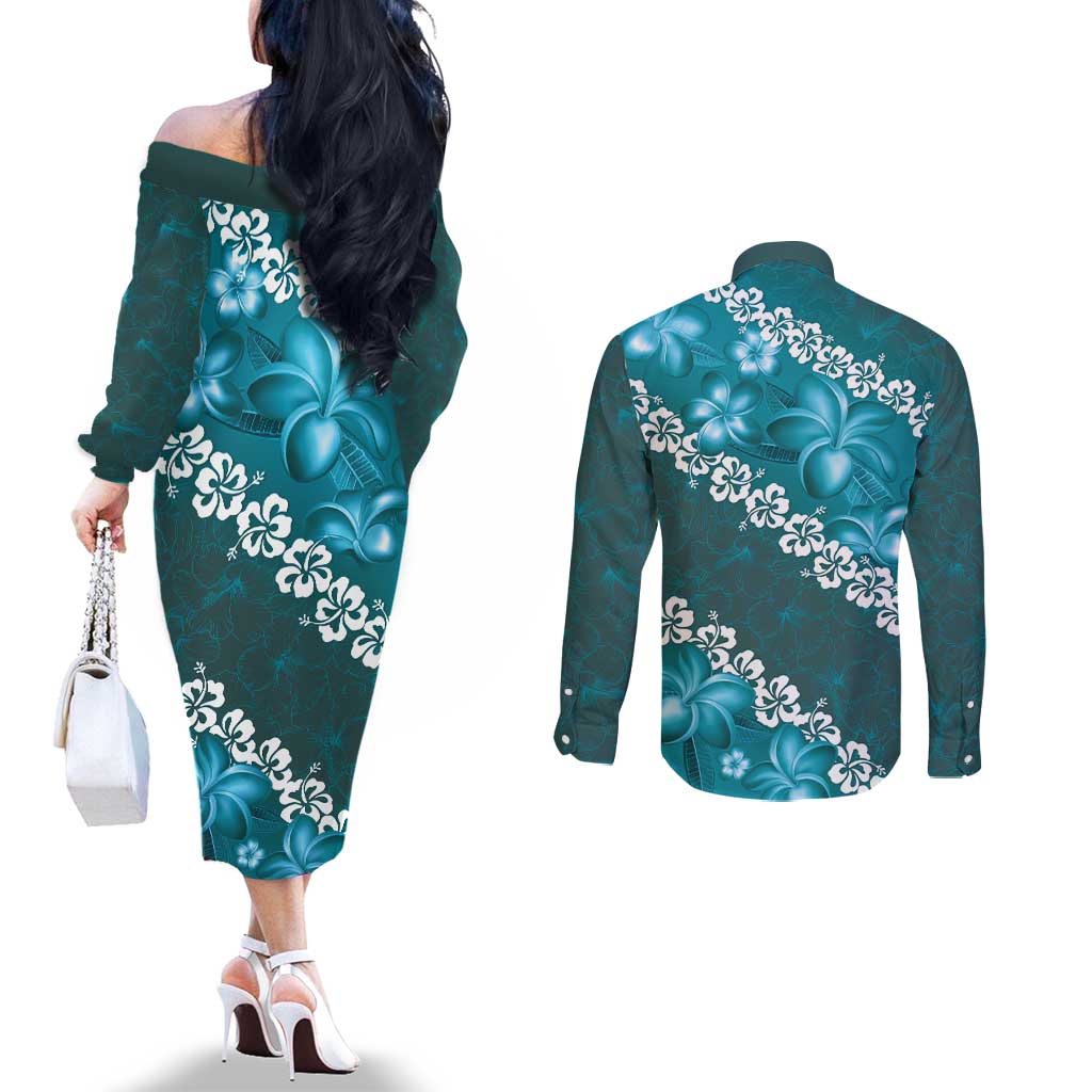 Vintage Dark Cyan Polynesia Couples Matching Off The Shoulder Long Sleeve Dress and Long Sleeve Button Shirt Plumeria With Hibiscus Tropical Vibes LT14 - Polynesian Pride