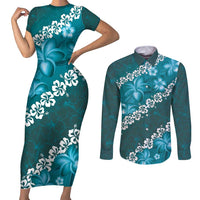 Vintage Dark Cyan Polynesia Couples Matching Short Sleeve Bodycon Dress and Long Sleeve Button Shirt Plumeria With Hibiscus Tropical Vibes LT14 Dark Cyan - Polynesian Pride