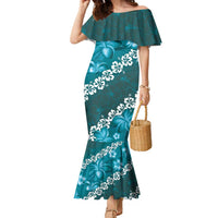 Vintage Dark Cyan Polynesia Family Matching Mermaid Dress and Hawaiian Shirt Plumeria With Hibiscus Tropical Vibes