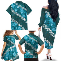 Vintage Dark Cyan Polynesia Family Matching Off The Shoulder Long Sleeve Dress and Hawaiian Shirt Plumeria With Hibiscus Tropical Vibes