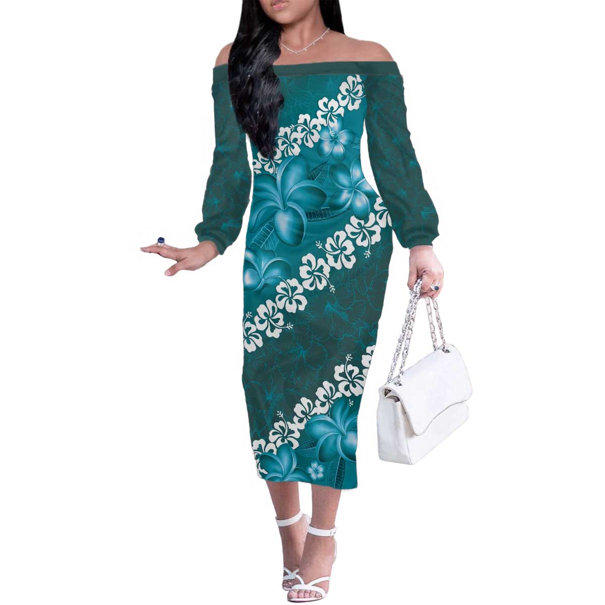 Vintage Dark Cyan Polynesia Family Matching Off The Shoulder Long Sleeve Dress and Hawaiian Shirt Plumeria With Hibiscus Tropical Vibes
