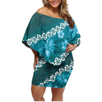 Vintage Dark Cyan Polynesia Family Matching Off Shoulder Short Dress and Hawaiian Shirt Plumeria With Hibiscus Tropical Vibes