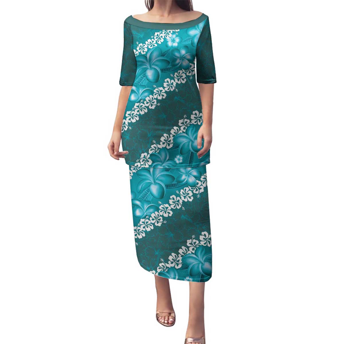 Vintage Dark Cyan Polynesia Family Matching Puletasi and Hawaiian Shirt Plumeria With Hibiscus Tropical Vibes