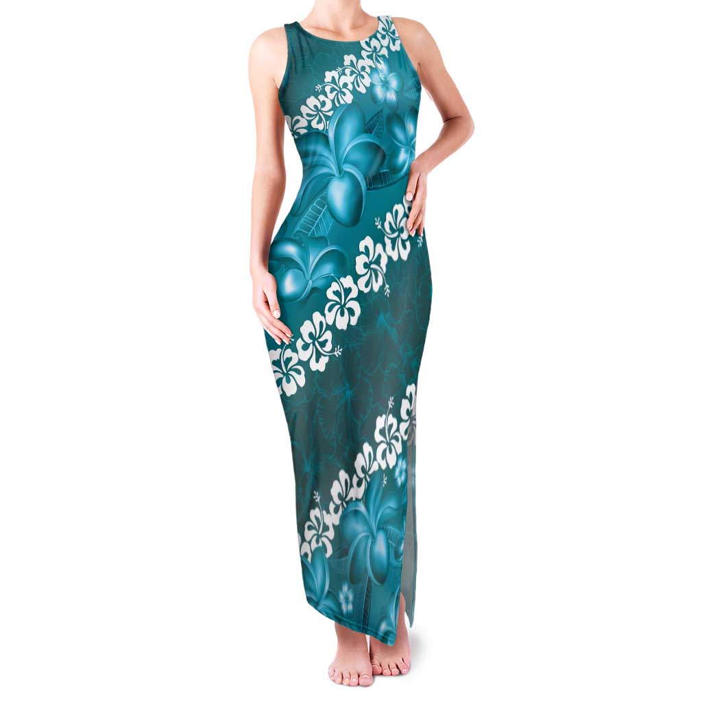 Vintage Dark Cyan Polynesia Family Matching Tank Maxi Dress and Hawaiian Shirt Plumeria With Hibiscus Tropical Vibes