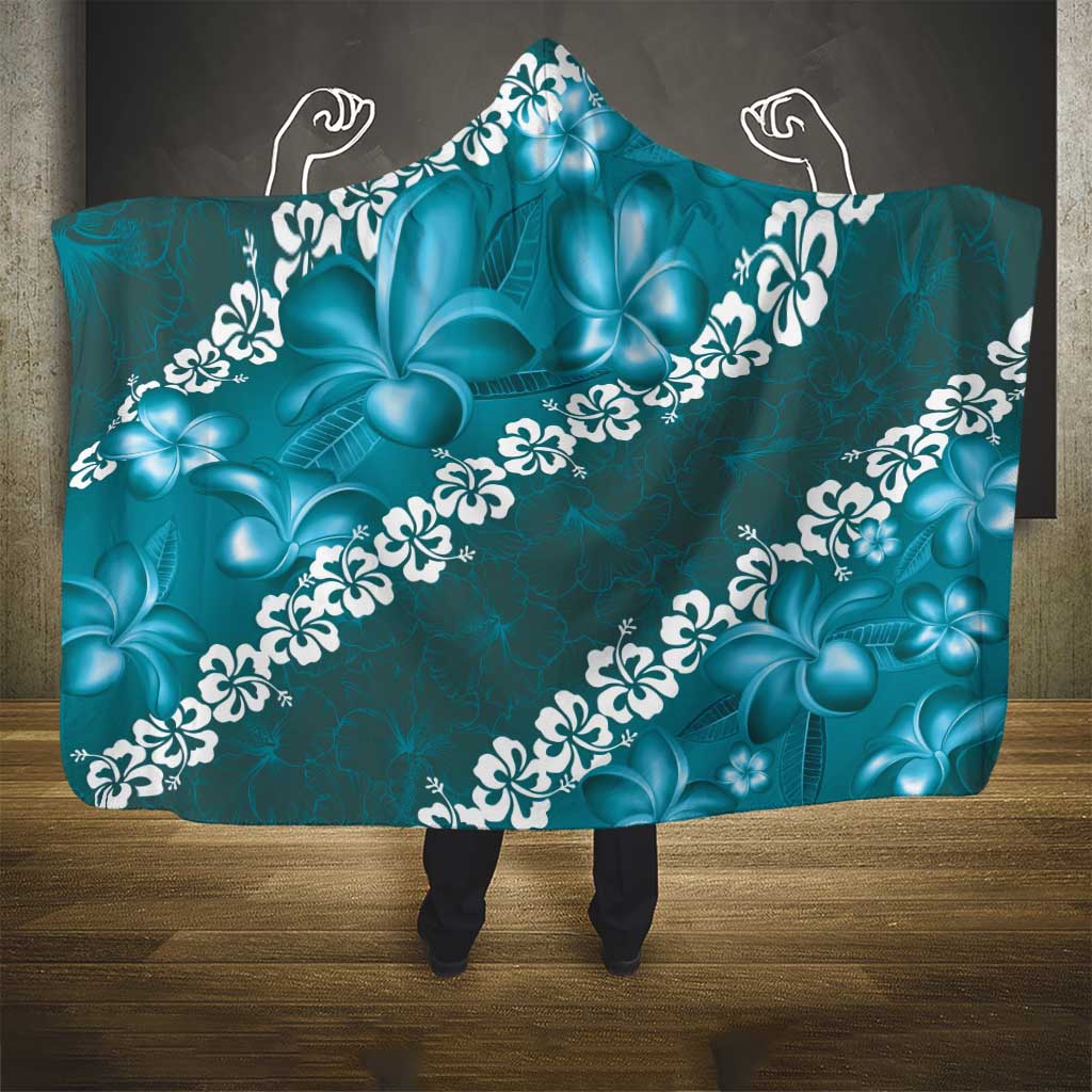 Vintage Dark Cyan Polynesia Hooded Blanket Plumeria With Hibiscus Tropical Vibes