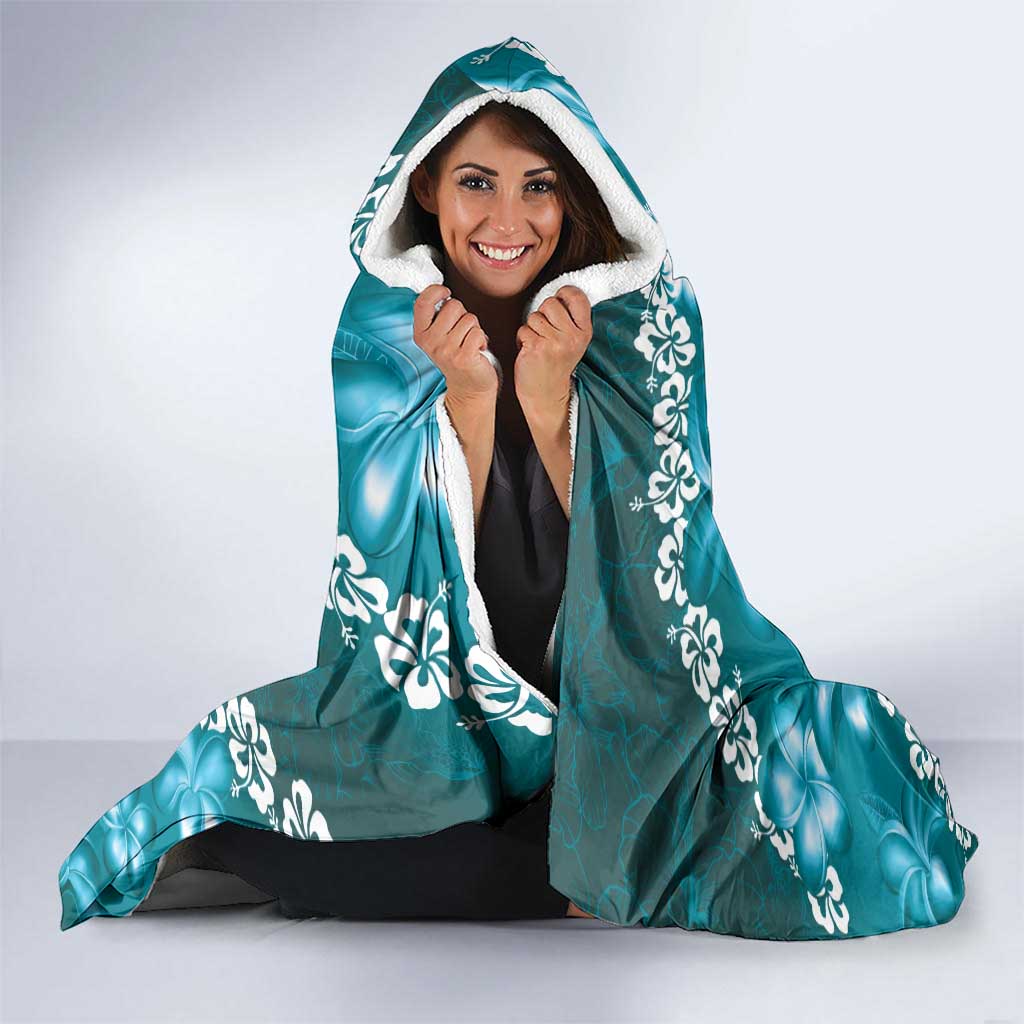 Vintage Dark Cyan Polynesia Hooded Blanket Plumeria With Hibiscus Tropical Vibes