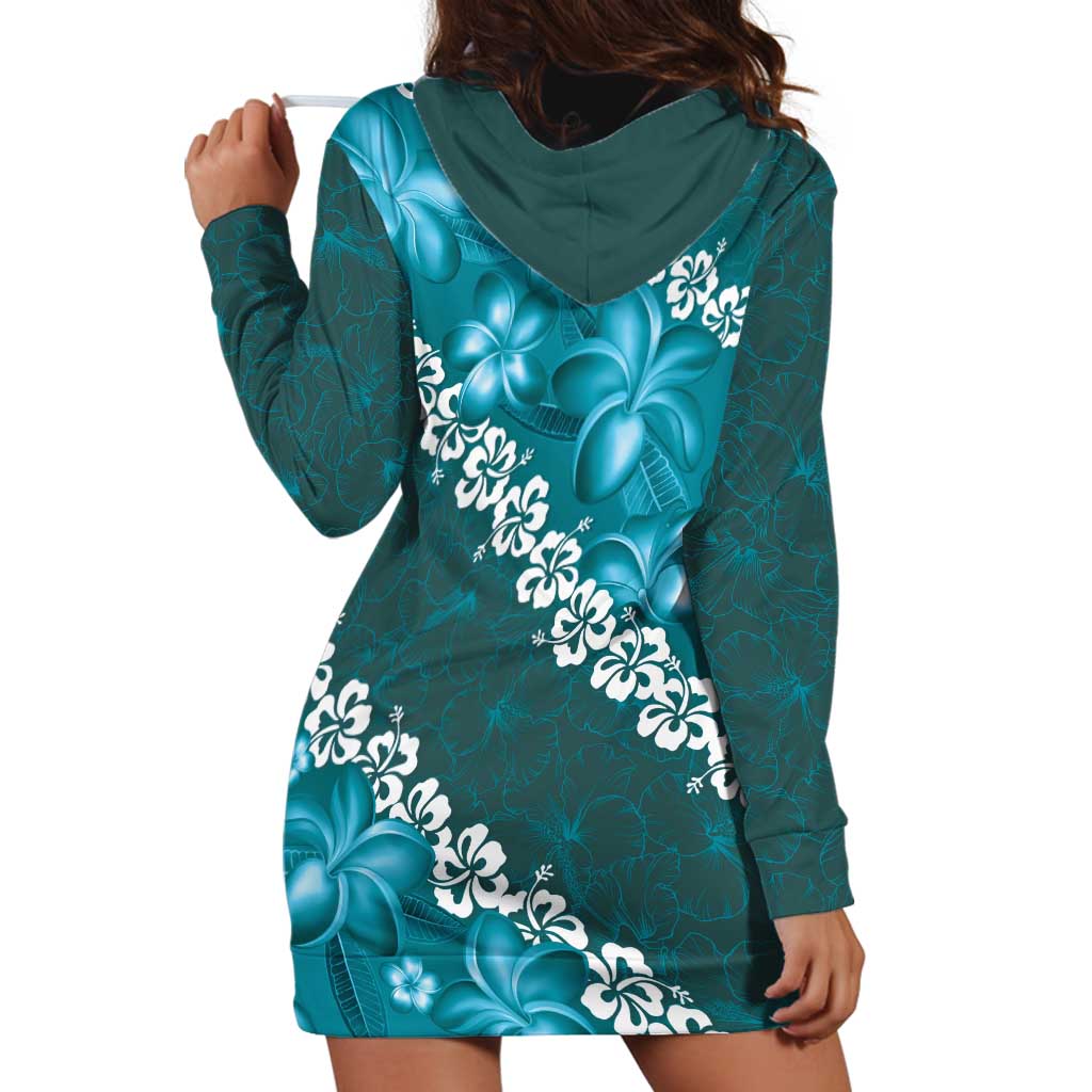 Vintage Dark Cyan Polynesia Hoodie Dress Plumeria With Hibiscus Tropical Vibes