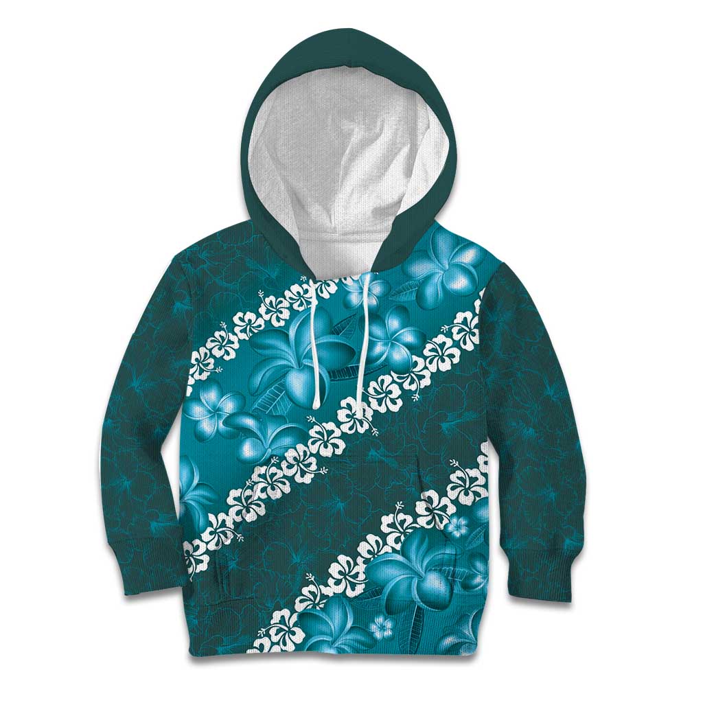 Vintage Dark Cyan Polynesia Kid Hoodie Plumeria With Hibiscus Tropical Vibes