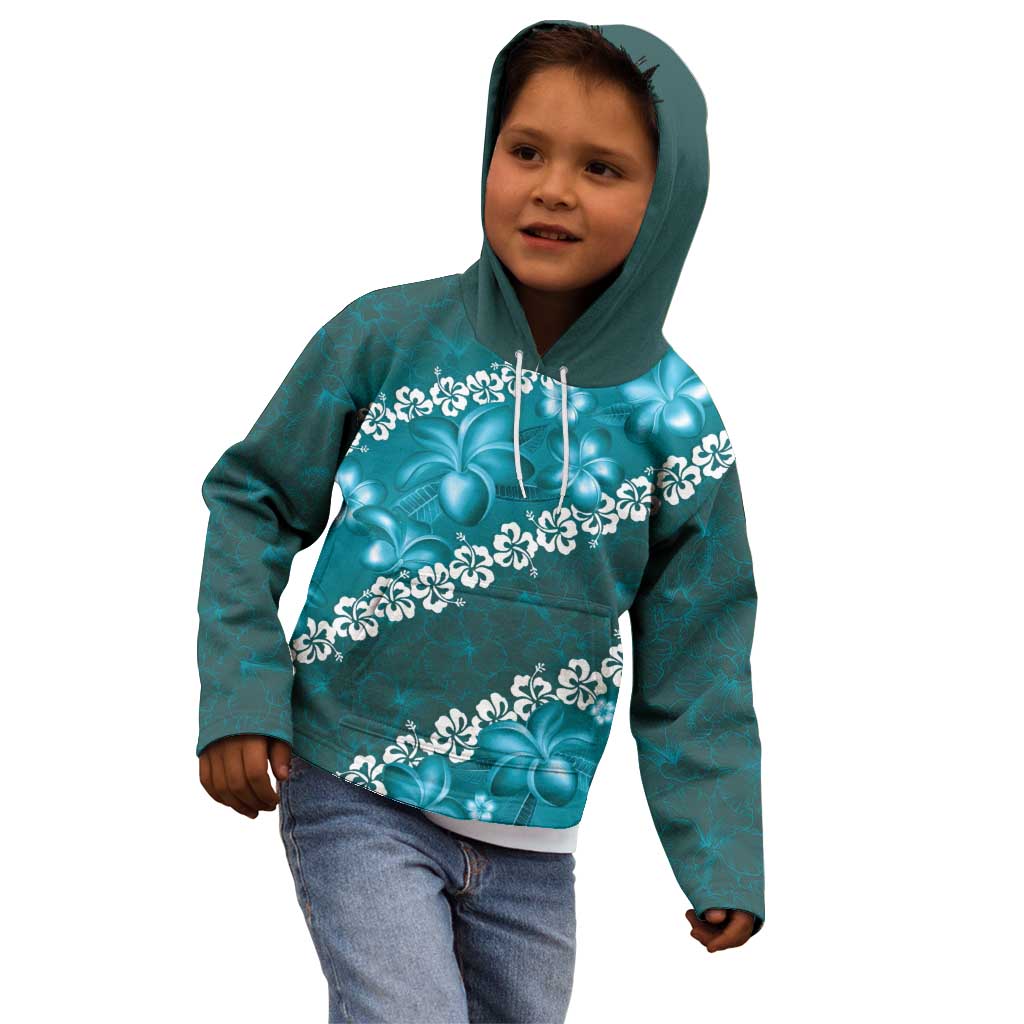 Vintage Dark Cyan Polynesia Kid Hoodie Plumeria With Hibiscus Tropical Vibes