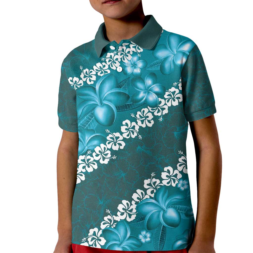 Vintage Dark Cyan Polynesia Kid Polo Shirt Plumeria With Hibiscus Tropical Vibes LT14 Kid Dark Cyan - Polynesian Pride