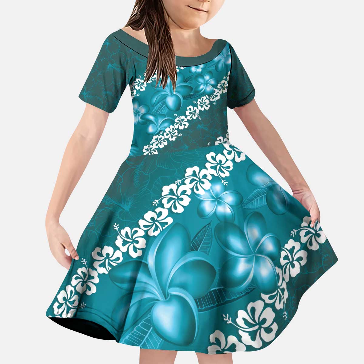 Vintage Dark Cyan Polynesia Kid Short Sleeve Dress Plumeria With Hibiscus Tropical Vibes LT14 KID Dark Cyan - Polynesian Pride