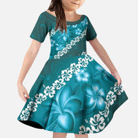 Vintage Dark Cyan Polynesia Kid Short Sleeve Dress Plumeria With Hibiscus Tropical Vibes