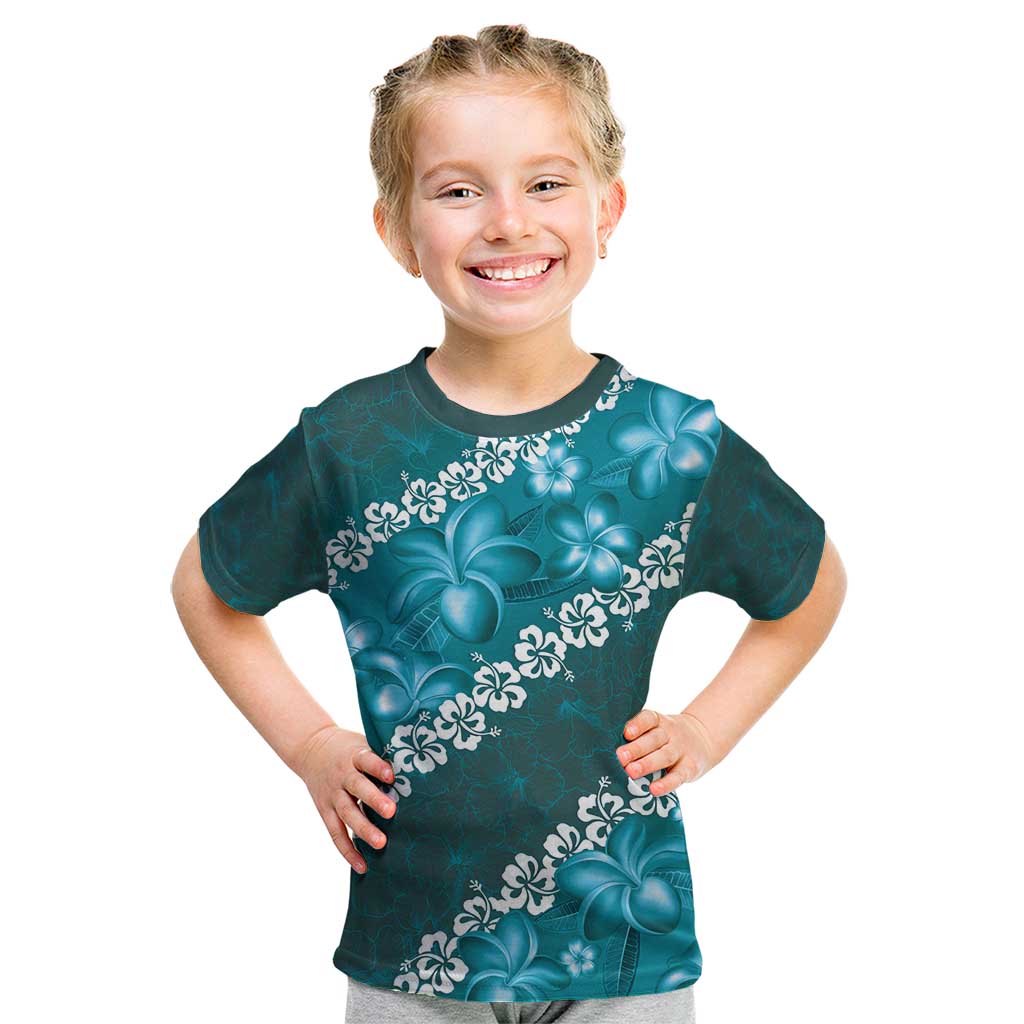Vintage Dark Cyan Polynesia Kid T Shirt Plumeria With Hibiscus Tropical Vibes LT14 Dark Cyan - Polynesian Pride