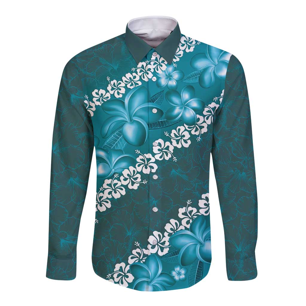 Vintage Dark Cyan Polynesia Long Sleeve Button Shirt Plumeria With Hibiscus Tropical Vibes LT14 Unisex Dark Cyan - Polynesian Pride