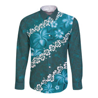 Vintage Dark Cyan Polynesia Long Sleeve Button Shirt Plumeria With Hibiscus Tropical Vibes LT14 Unisex Dark Cyan - Polynesian Pride