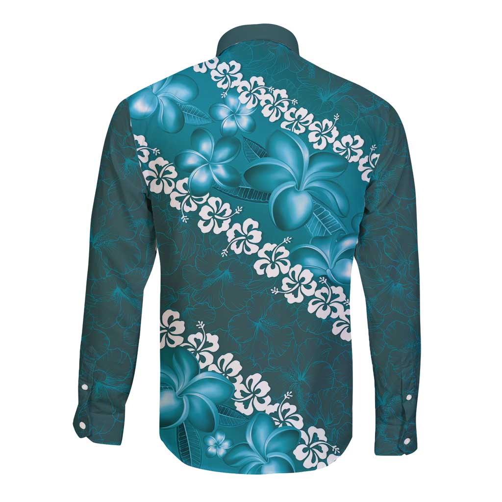 Vintage Dark Cyan Polynesia Long Sleeve Button Shirt Plumeria With Hibiscus Tropical Vibes LT14 - Polynesian Pride