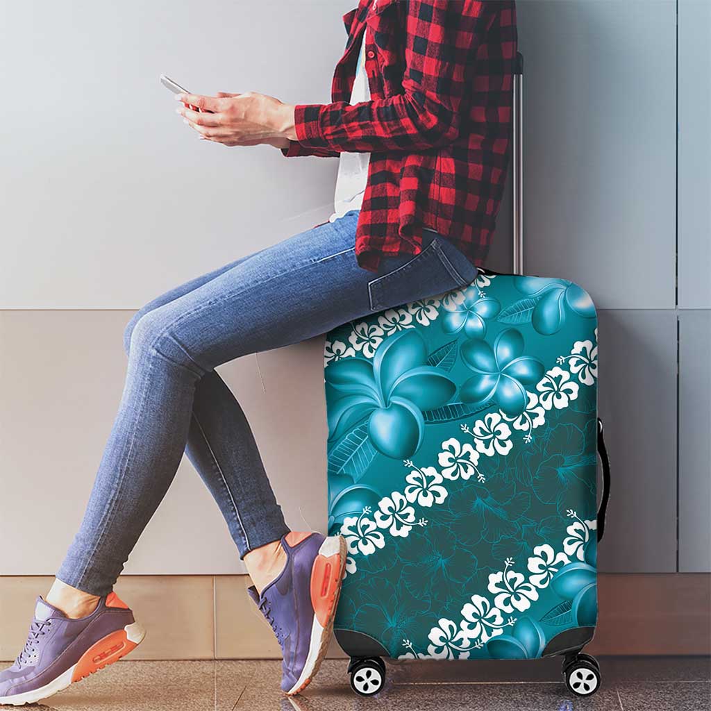Vintage Dark Cyan Polynesia Luggage Cover Plumeria With Hibiscus Tropical Vibes