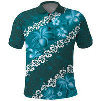 Vintage Dark Cyan Polynesia Polo Shirt Plumeria With Hibiscus Tropical Vibes