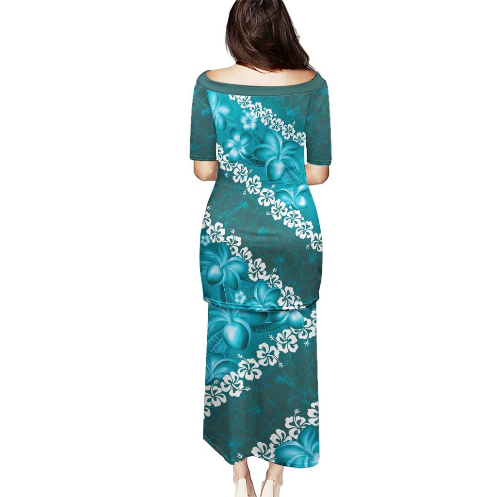 Vintage Dark Cyan Polynesia Puletasi Plumeria With Hibiscus Tropical Vibes