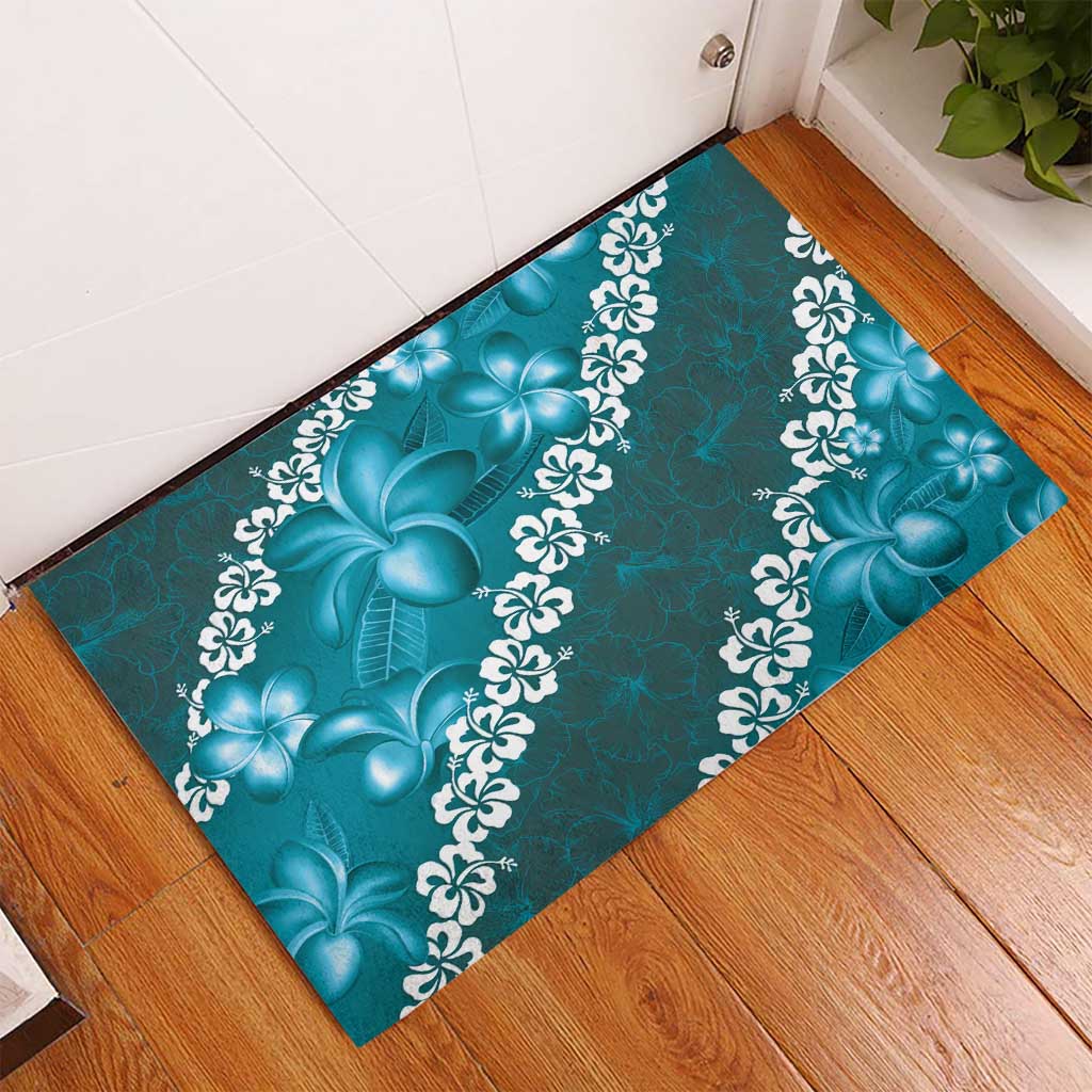 Vintage Dark Cyan Polynesia Rubber Doormat Plumeria With Hibiscus Tropical Vibes LT14 - Polynesian Pride