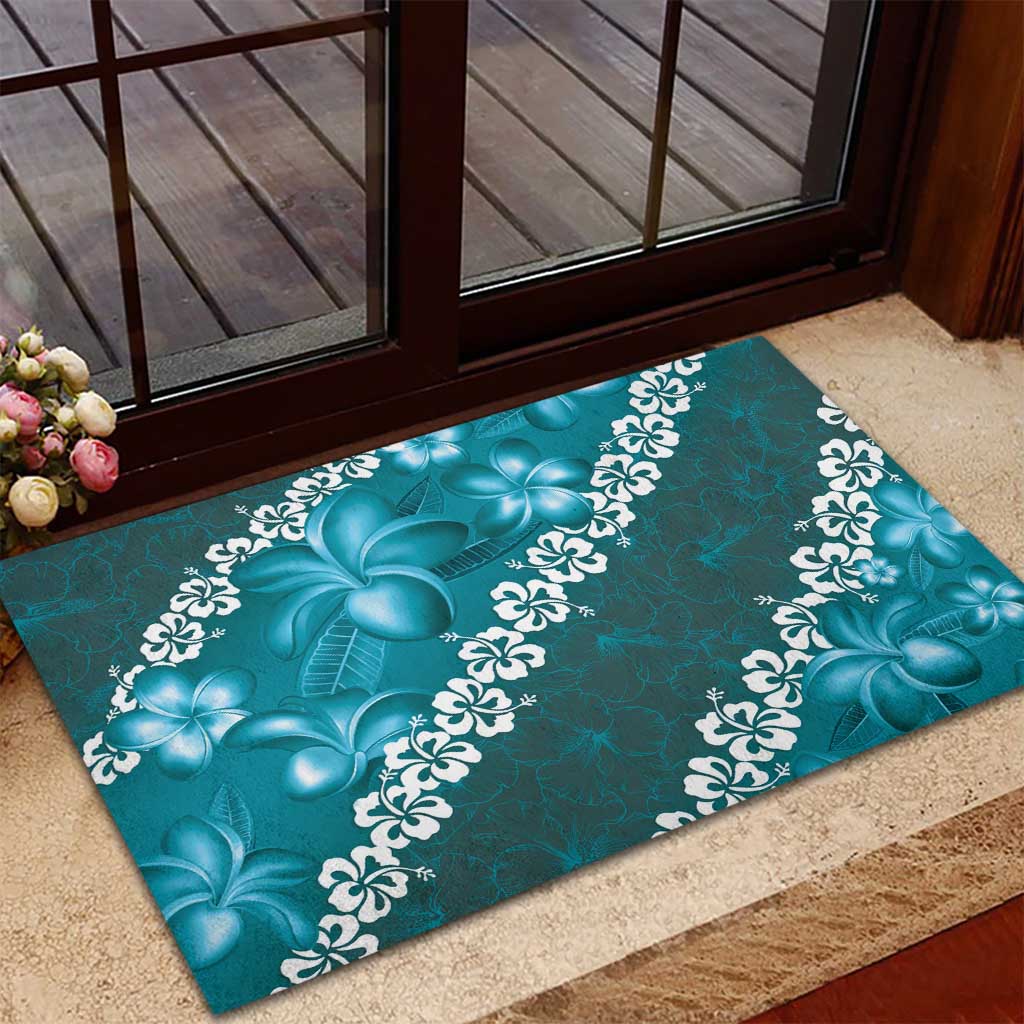 Vintage Dark Cyan Polynesia Rubber Doormat Plumeria With Hibiscus Tropical Vibes LT14 - Polynesian Pride