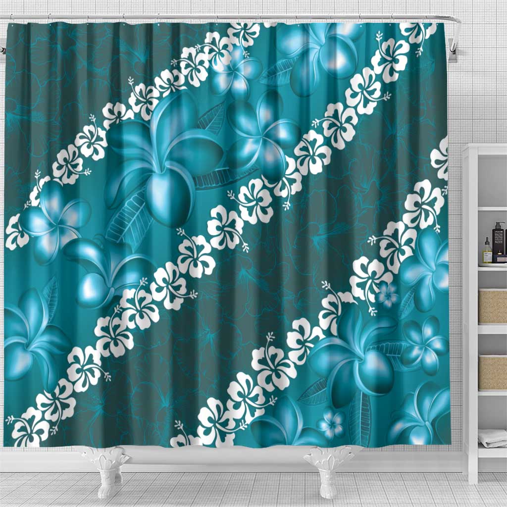 Vintage Dark Cyan Polynesia Shower Curtain Plumeria With Hibiscus Tropical Vibes LT14 - Polynesian Pride