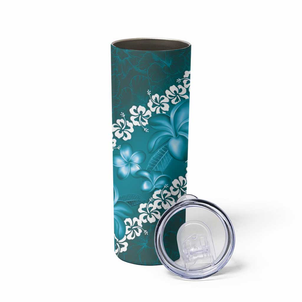 Vintage Dark Cyan Polynesia Skinny Tumbler Plumeria With Hibiscus Tropical Vibes LT14 - Polynesian Pride