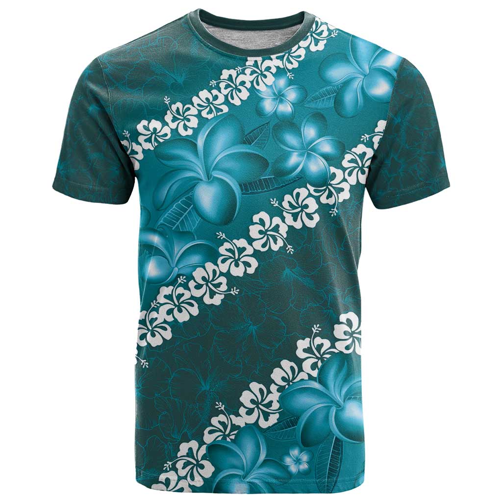 Vintage Dark Cyan Polynesia T Shirt Plumeria With Hibiscus Tropical Vibes LT14 Dark Cyan - Polynesian Pride