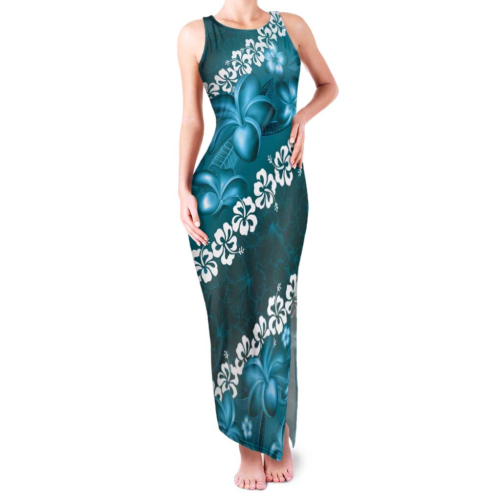 Vintage Dark Cyan Polynesia Tank Maxi Dress Plumeria With Hibiscus Tropical Vibes LT14 Women Dark Cyan - Polynesian Pride