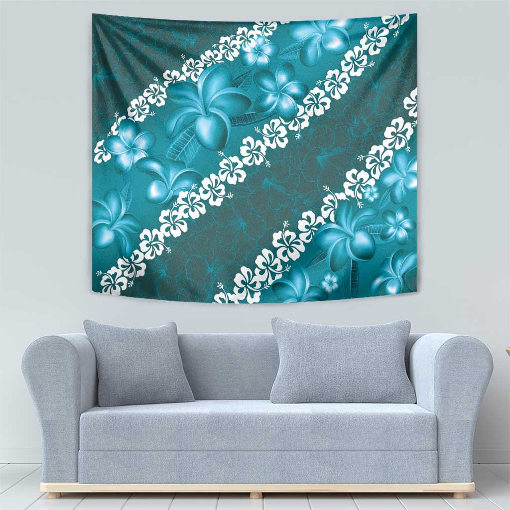 Vintage Dark Cyan Polynesia Tapestry Plumeria With Hibiscus Tropical Vibes