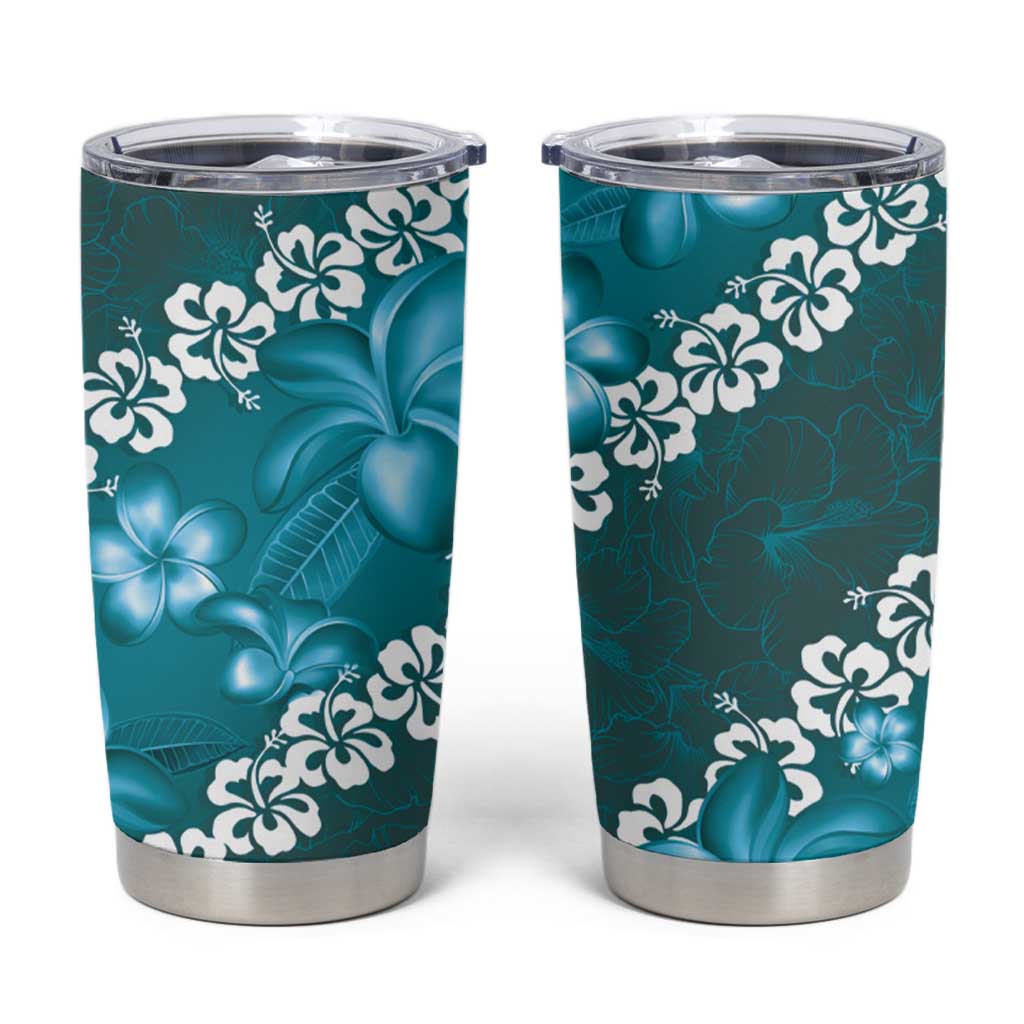 Vintage Dark Cyan Polynesia Tumbler Cup Plumeria With Hibiscus Tropical Vibes