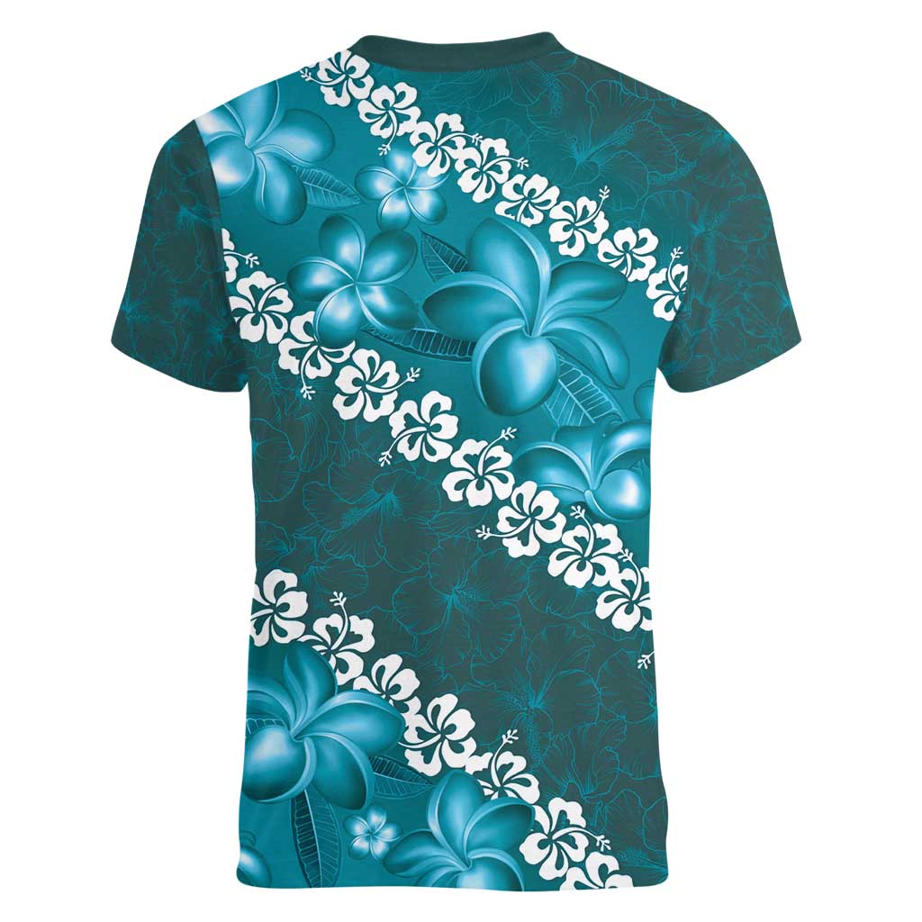 Vintage Dark Cyan Polynesia Women V-Neck T-Shirt Plumeria With Hibiscus Tropical Vibes LT14 - Polynesian Pride