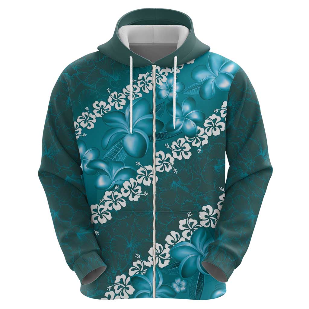 Vintage Dark Cyan Polynesia Zip Hoodie Plumeria With Hibiscus Tropical Vibes