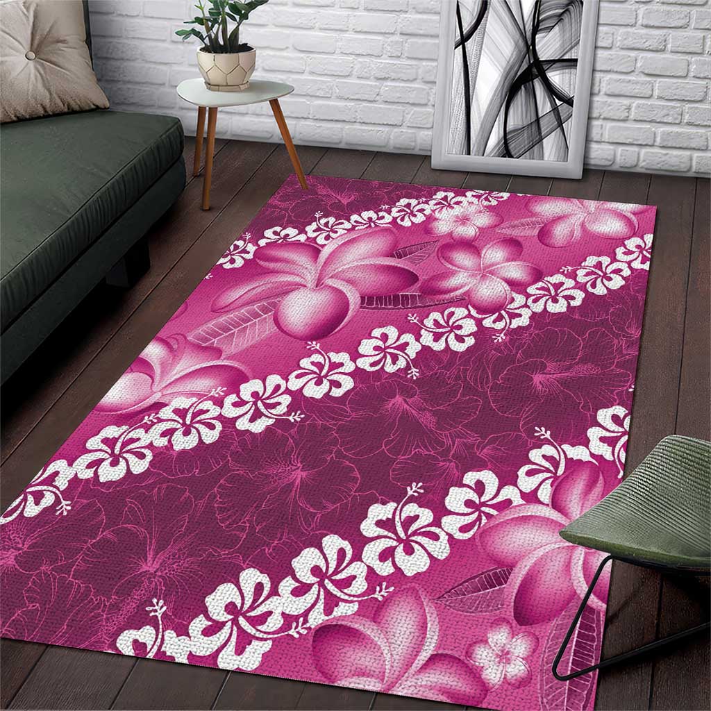 Vintage Pink Polynesia Area Rug Plumeria With Hibiscus Tropical Vibes