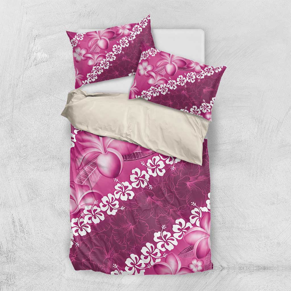 Vintage Pink Polynesia Bedding Set Plumeria With Hibiscus Tropical Vibes