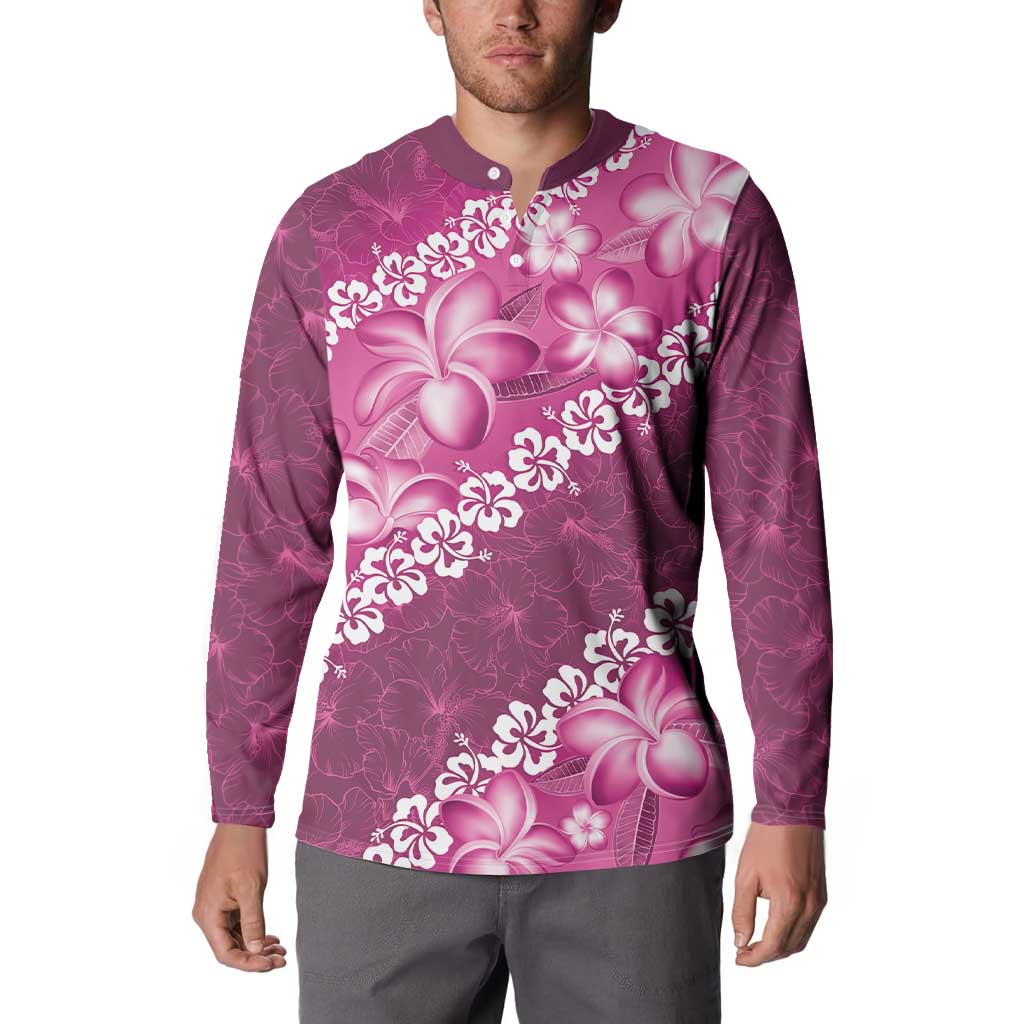 Vintage Pink Polynesia Button Sweatshirt Plumeria With Hibiscus Tropical Vibes