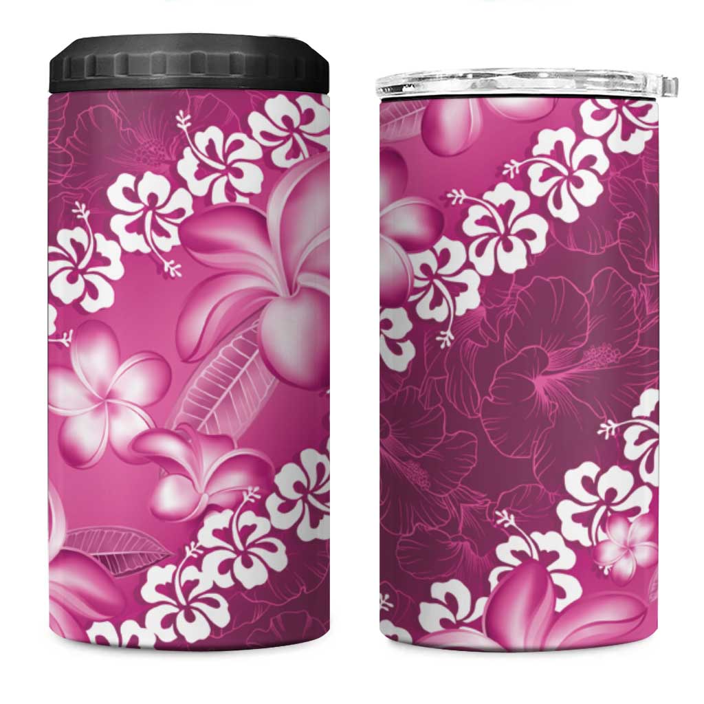 Vintage Pink Polynesia 4 in 1 Can Cooler Tumbler Plumeria With Hibiscus Tropical Vibes