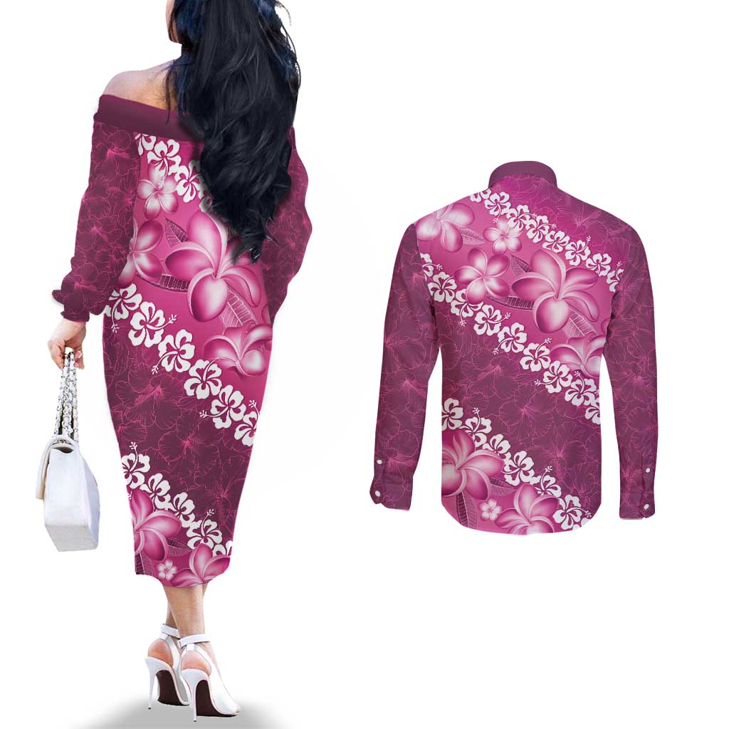 Vintage Pink Polynesia Couples Matching Off The Shoulder Long Sleeve Dress and Long Sleeve Button Shirt Plumeria With Hibiscus Tropical Vibes LT14 - Polynesian Pride