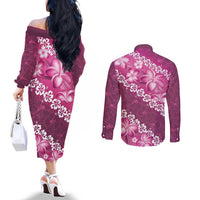 Vintage Pink Polynesia Couples Matching Off The Shoulder Long Sleeve Dress and Long Sleeve Button Shirt Plumeria With Hibiscus Tropical Vibes LT14 - Polynesian Pride