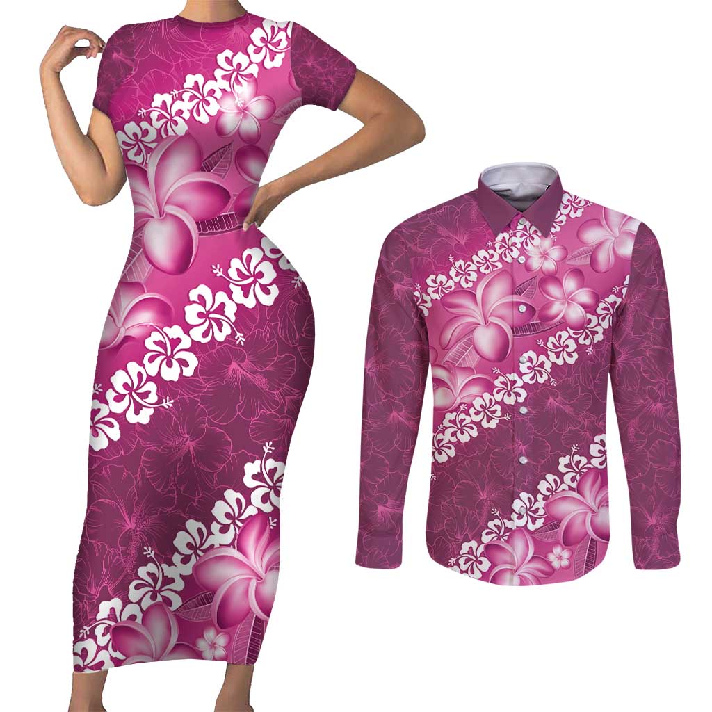 Vintage Pink Polynesia Couples Matching Short Sleeve Bodycon Dress and Long Sleeve Button Shirt Plumeria With Hibiscus Tropical Vibes LT14 Pink - Polynesian Pride