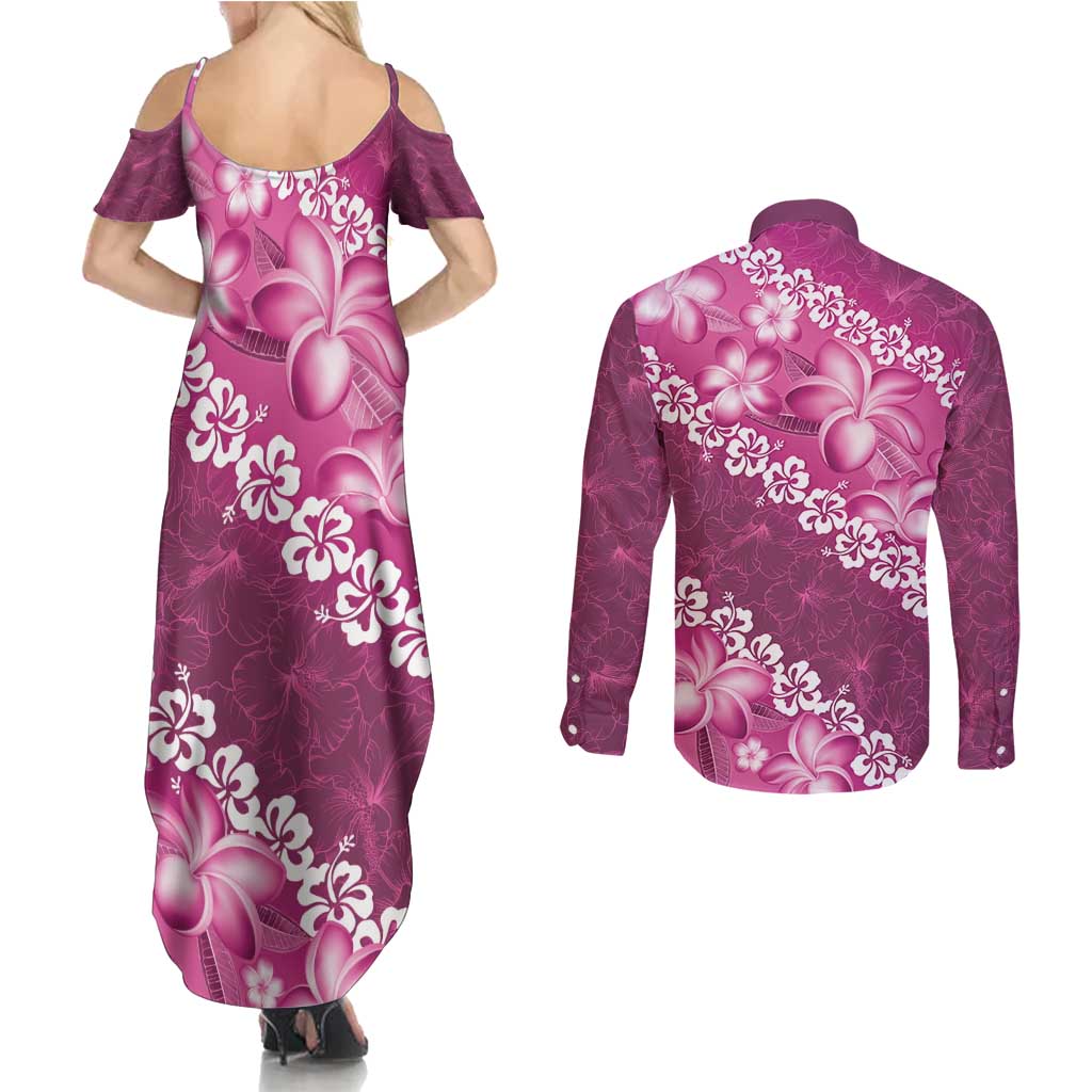 Vintage Pink Polynesia Couples Matching Summer Maxi Dress and Long Sleeve Button Shirt Plumeria With Hibiscus Tropical Vibes
